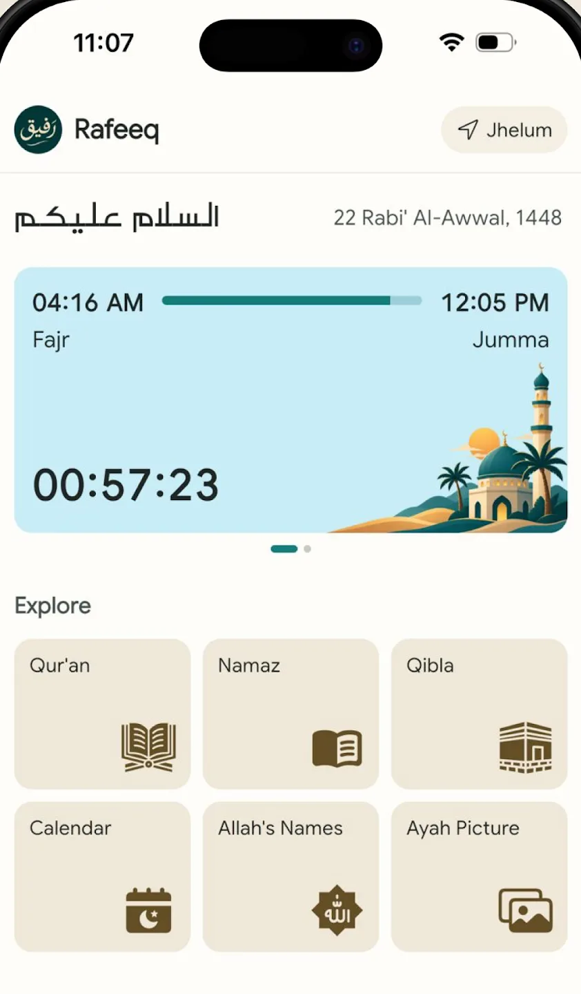 Rafeeq home with the next prayer countdown and Explore shortcuts