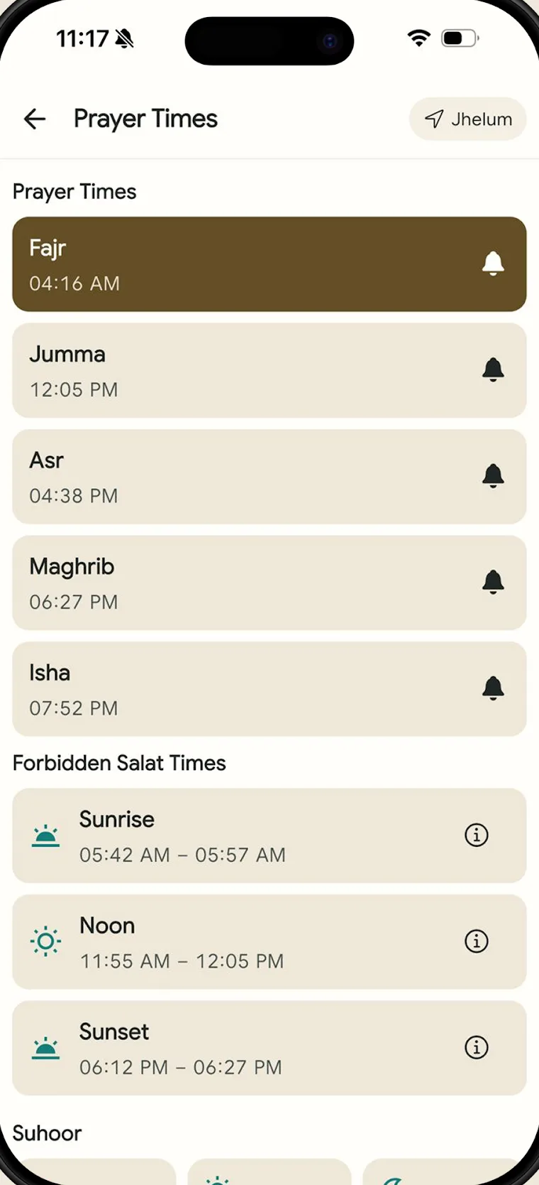 Prayer times with Fajr highlighted